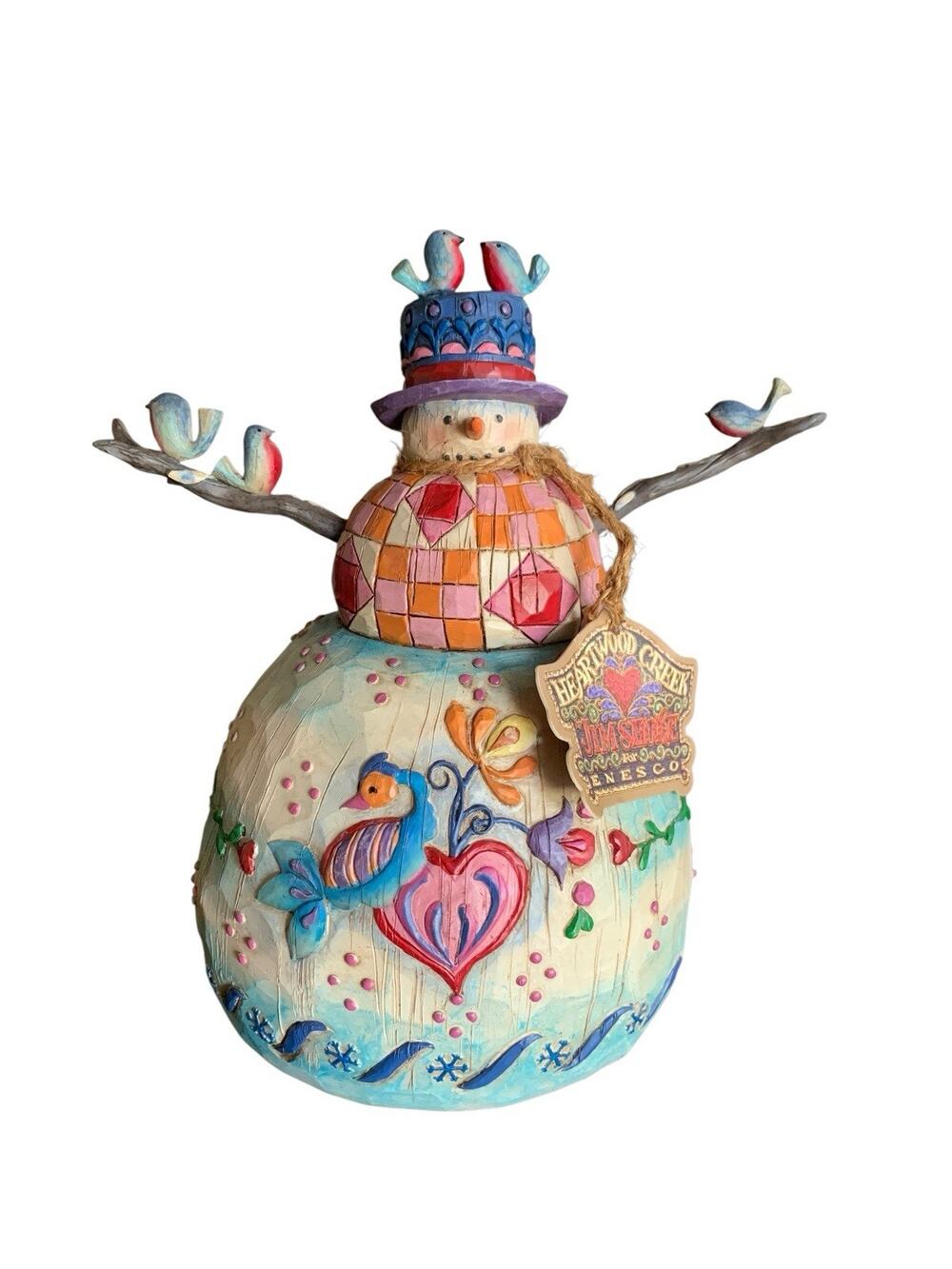 JIM SHORE HEARTWOOD CREEK ENESCO SNOWMAN 9" TALL WINTER'S SONG BLUEBIRDS 2003